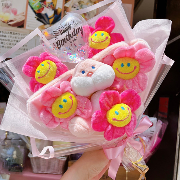 ラッピング夏ver❣️お花とうさぎさんのぬいぐるみ花束 ピンク