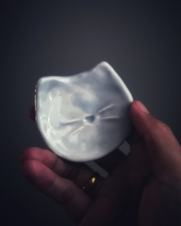 最先端の陶芸家 ユンニ クロスナイフ | 手練りの陶器、ざらざらした月光青釉 | ビシャン猫プレート 1枚目の画像