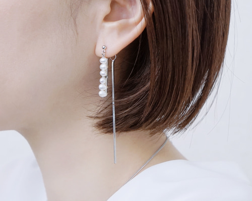 両耳ピアス「bar・pearl]シルバーパーツ 両耳イヤリング 6連 淡水 