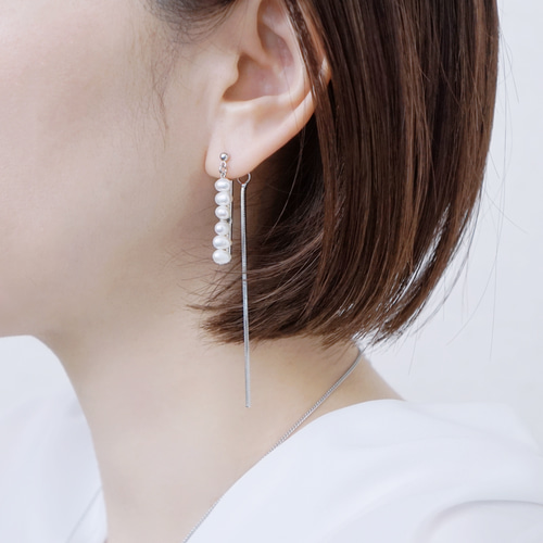 両耳ピアス「bar・pearl]シルバーパーツ 両耳イヤリング 6連 淡水 