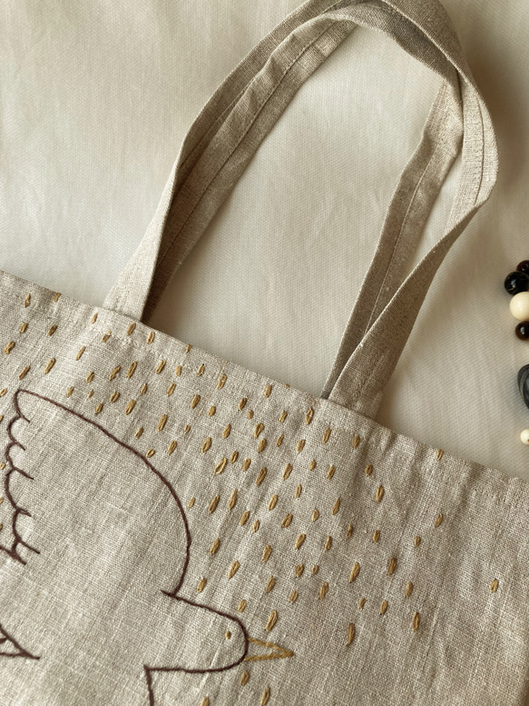 リネン-bird 刺繍バッグ a 3枚目の画像