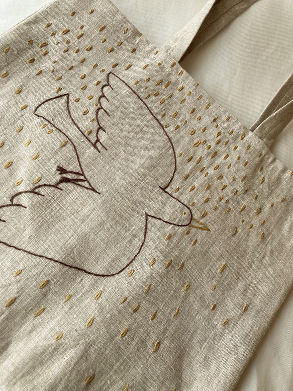 リネン-bird 刺繍バッグ a 2枚目の画像