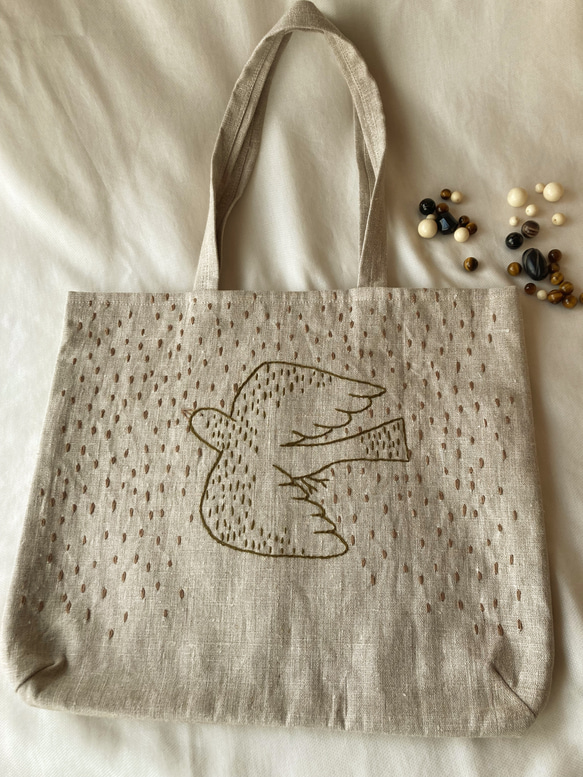 リネン-bird 刺繍バッグ b 2枚目の画像