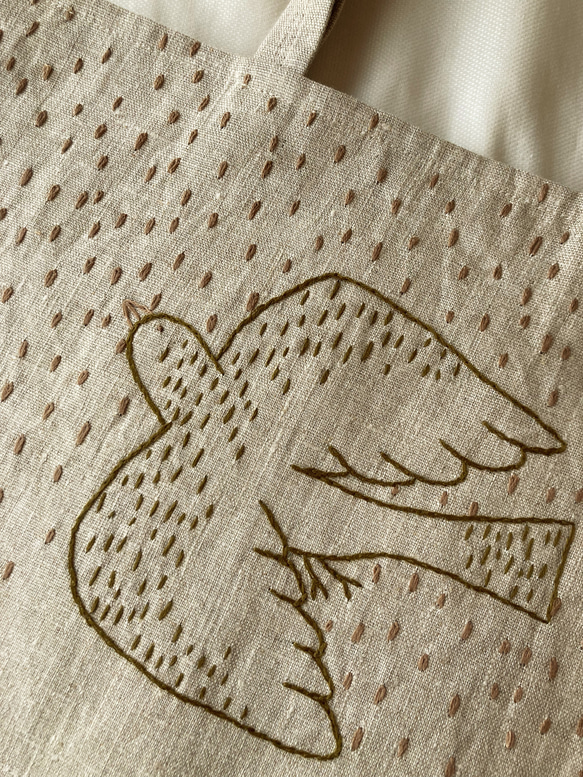 リネン-bird 刺繍バッグ b 3枚目の画像