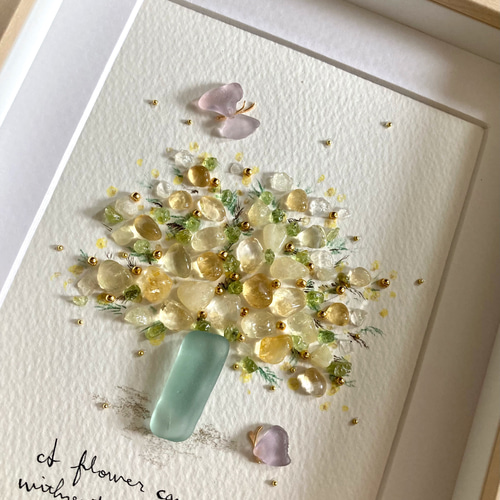 ミモザと蝶シーグラス／天然石／フレームアート／壁掛け／花／春／手描き