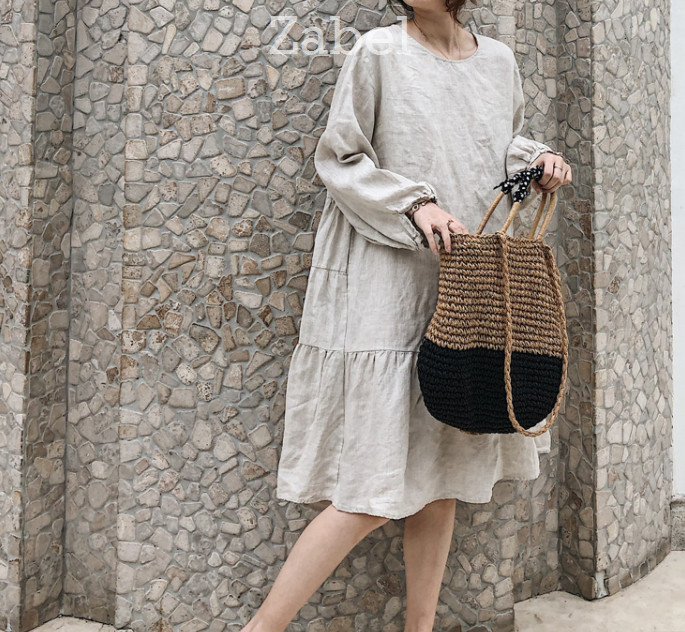 フラワープリント ハンドメイド ロイヤルブルー レース襟 リネン