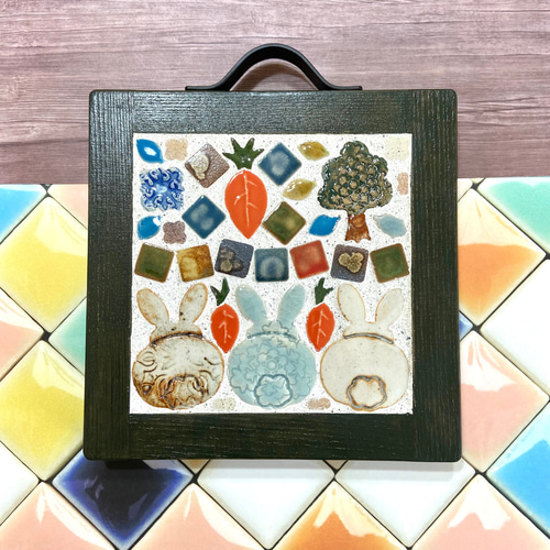 アイアン持ち手付き陶芸ハンドメイドタイル＆モザイクタイルのトレイ  