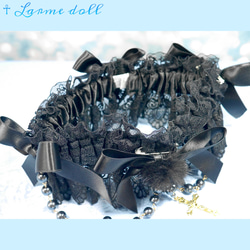 【受注生産】《☥》ふわふわファーガーターリング ガラス製パールビーズタイプ (黒) 14枚目の画像