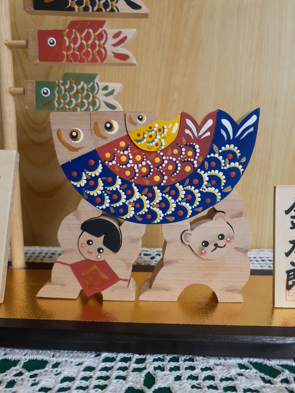 端午の節句/金太郎と鯉のぼりと命名板(木工組み木アート) 4枚目の画像