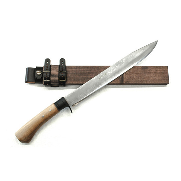 豊国作】10寸剣鉈 ダマスカス15層青2鋼 全曇 クルミ柄 木鞘 (R-10zdm  