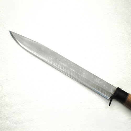 豊国作】10寸剣鉈 ダマスカス15層青2鋼 全曇 クルミ柄 木鞘 (R-10zdm