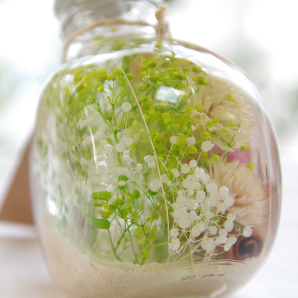 【作りたて！再販3】うさぎのしあわせ　春の花原　眩しい緑とコロコロ桃色千日紅。爽やかで可愛らしい春のミニハーバリウム 5枚目の画像