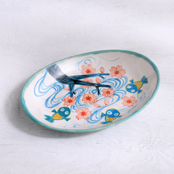 櫻花金魚圖橢圓盤（藍色） 第1張的照片