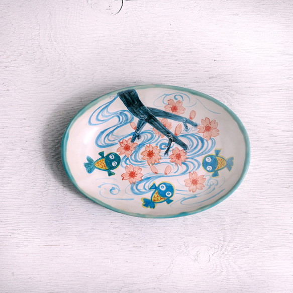 櫻花金魚圖橢圓盤（藍色） 第2張的照片