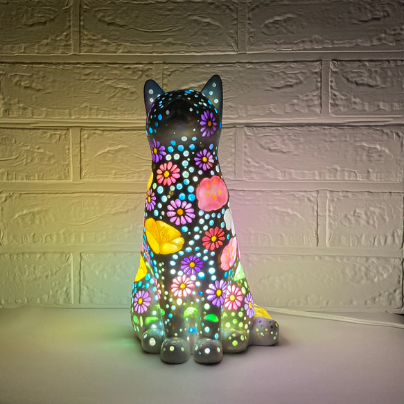 猫型ランプシェード(星空の白猫と花)Ⅱ 7枚目の画像