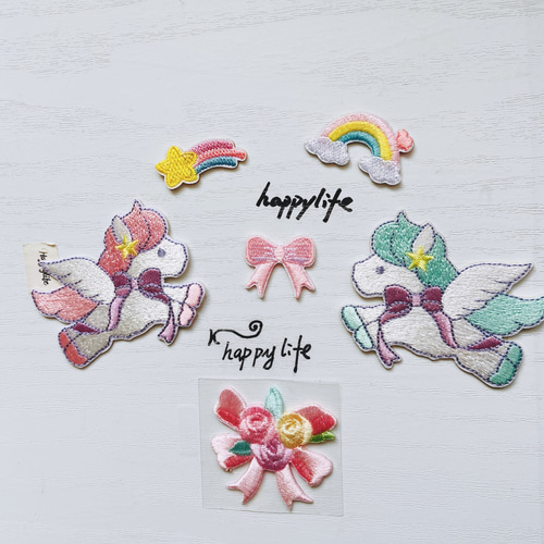 流れ星 ユニコーン ニジ 星 リボン刺繍アイロンワッペン アイロン不要  