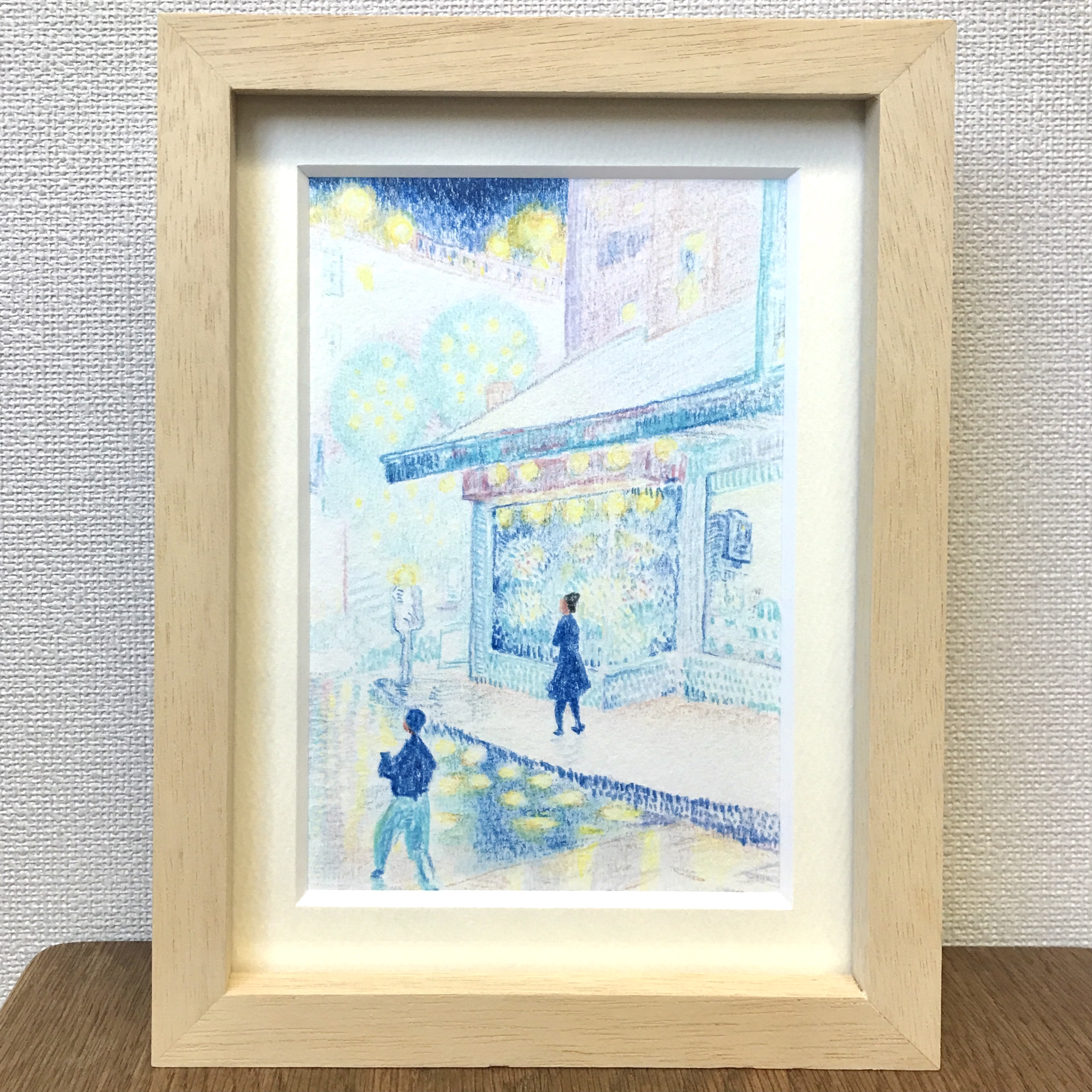 【原画】降り出した駅前（額装済・送料無料）色鉛筆画