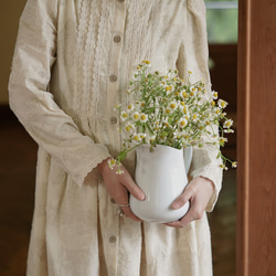 米白原色 法式復古暗紋提花亞麻棉洋裝 高腰長款茶歇連身裙 第15張的照片
