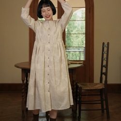 米白原色 法式復古暗紋提花亞麻棉洋裝 高腰長款茶歇連身裙 第18張的照片