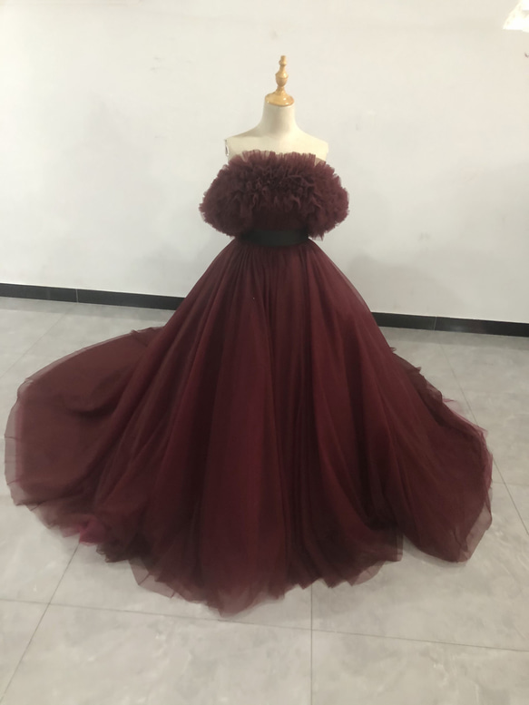 上品！ カラードレス  ボルドー色   2waysドレス 取り外しオフショルダー 結婚式/披露宴 1枚目の画像