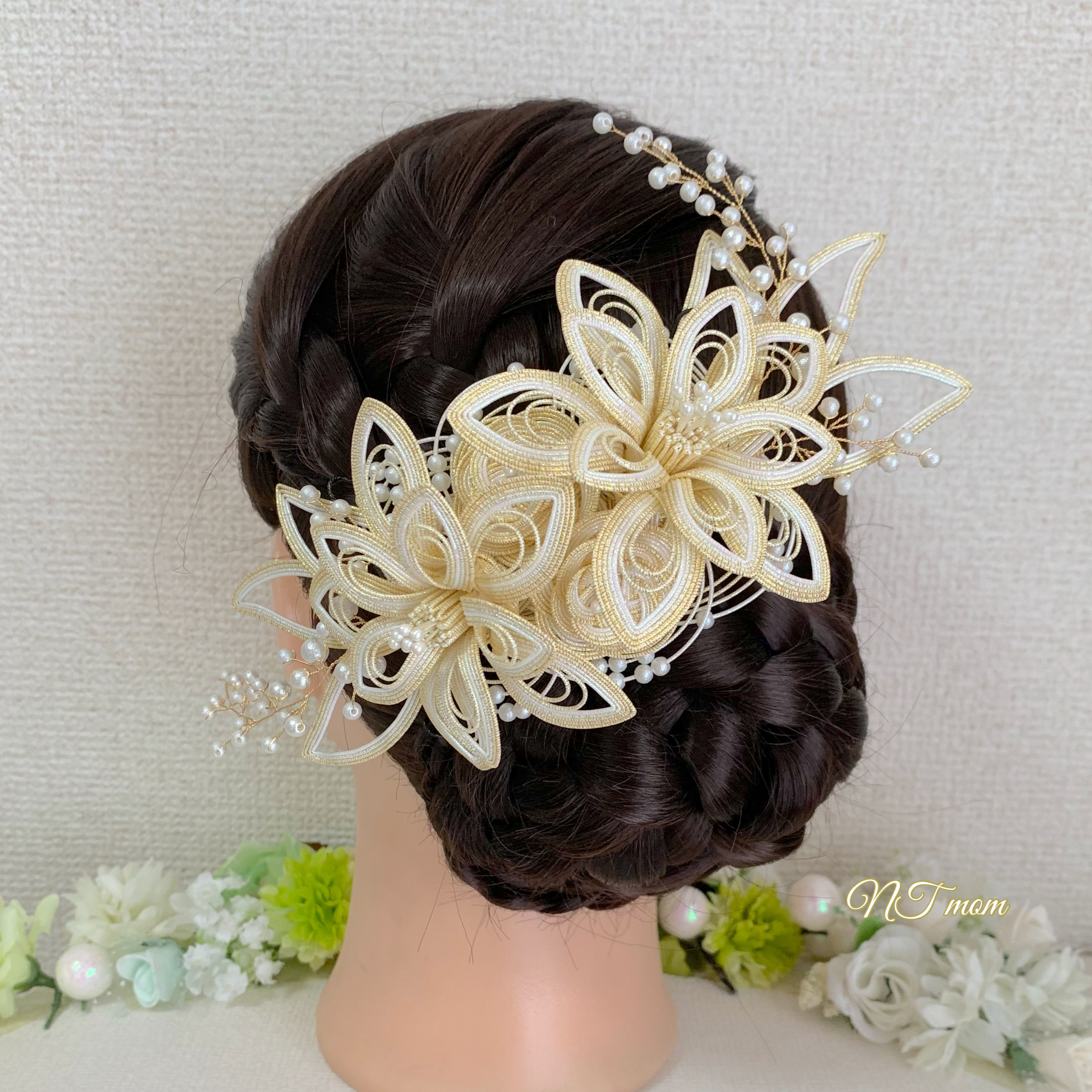 結婚式成人式卒業式・和装水引髪飾り・透かし大華ニ輪・ホワイトゴールド 7,400円