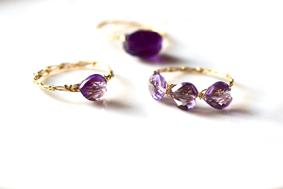 [K14gf] 紫水晶 3 個水平心形切割，繩編/鍍金戒指 第5張的照片