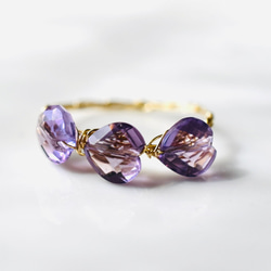 [K14gf] 紫水晶 3 個水平心形切割，繩編/鍍金戒指 第1張的照片