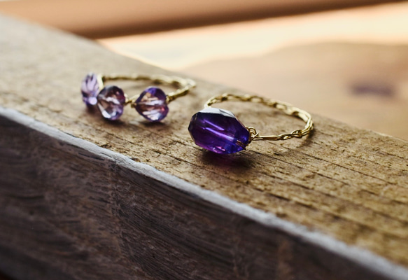 [K14gf] 紫水晶 3 個水平心形切割，繩編/鍍金戒指 第3張的照片