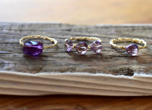 [K14gf] 紫水晶 3 個水平心形切割，繩編/鍍金戒指 第7張的照片
