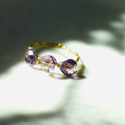[K14gf] 紫水晶 3 個水平心形切割，繩編/鍍金戒指 第8張的照片