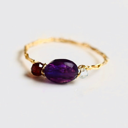 [K14gf] 紫水晶橢圓形切割、石榴石、海藍寶石繩編/鍍金戒指 第2張的照片