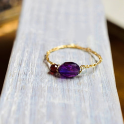 [K14gf] 紫水晶橢圓形切割、石榴石、海藍寶石繩編/鍍金戒指 第3張的照片