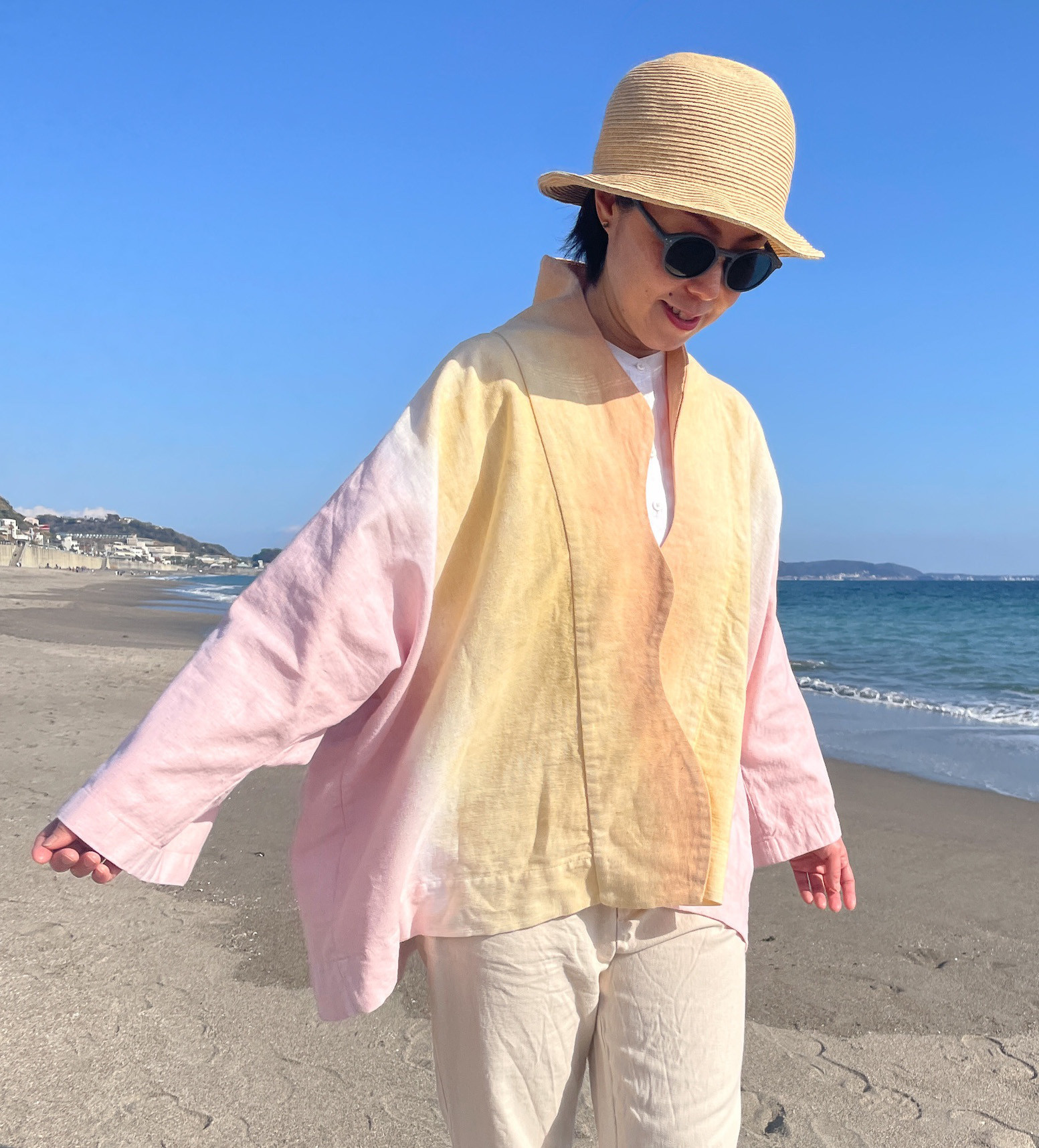 送料無料 春夏におすすめ　コットンリネン泥染の羽織り " Canon "ピンク オレンジ 波