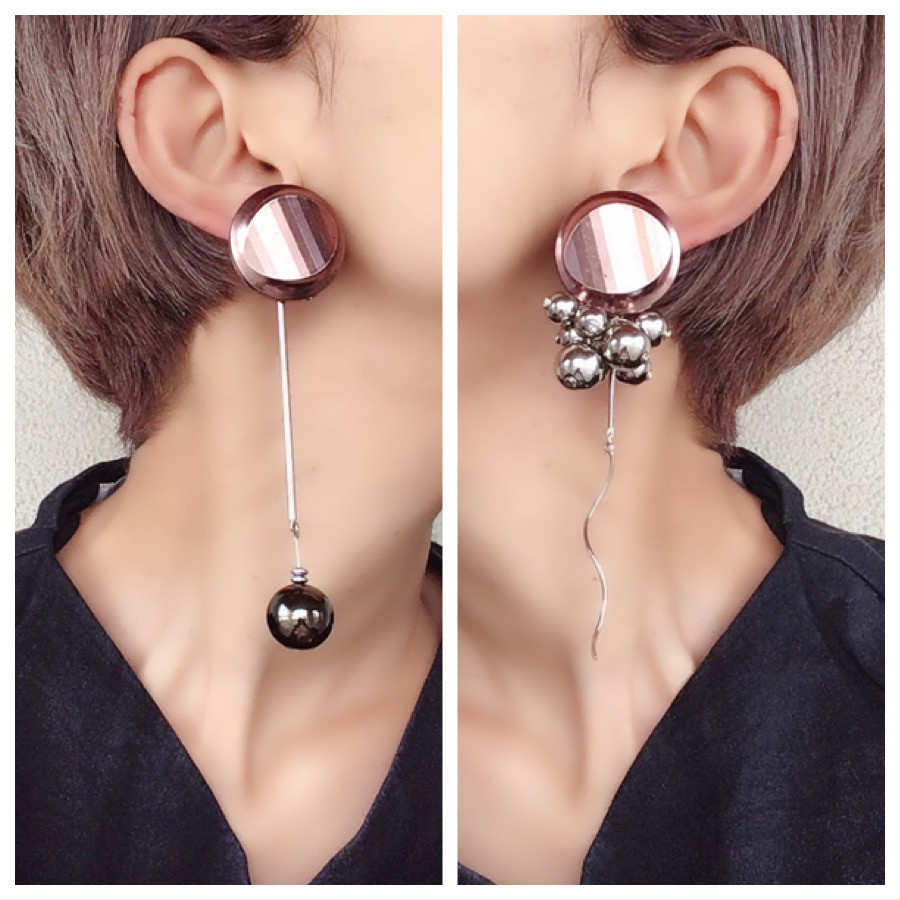 海外花系 ピアス コッパー カボション シルバーボール タッセル