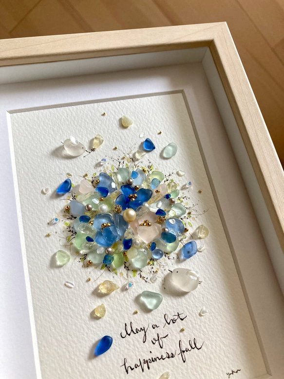 フラワーボールと白い鳥 シーグラス／天然石／フレームアート