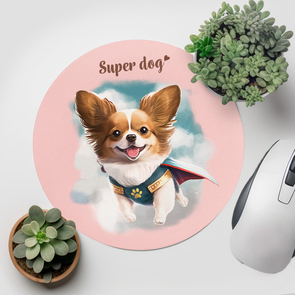 【 ヒーロー パピヨン 】パステルカラー マウスパッド　犬　ペット　うちの子　プレゼント　ギフト 2枚目の画像