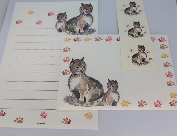 レターセット ・ 手作り・水彩画イラスト・ねこと猫の足跡とのデザイン 5枚目の画像