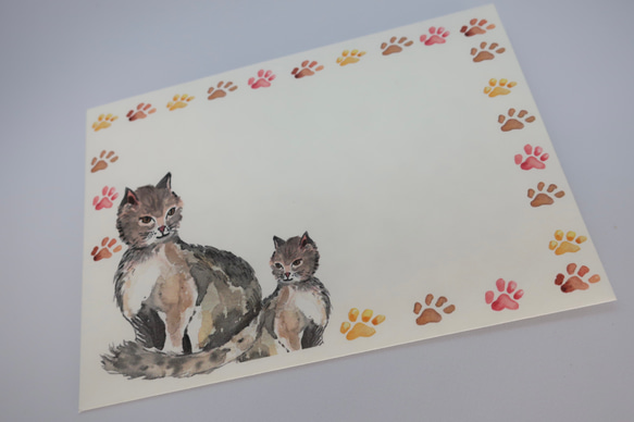 レターセット ・ 手作り・水彩画イラスト・ねこと猫の足跡とのデザイン 8枚目の画像