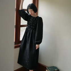ブラックコートレトロダーク柄ジャカードプリーツリトルブラックドレスドレス絶妙な立体フラワードレス 16枚目の画像