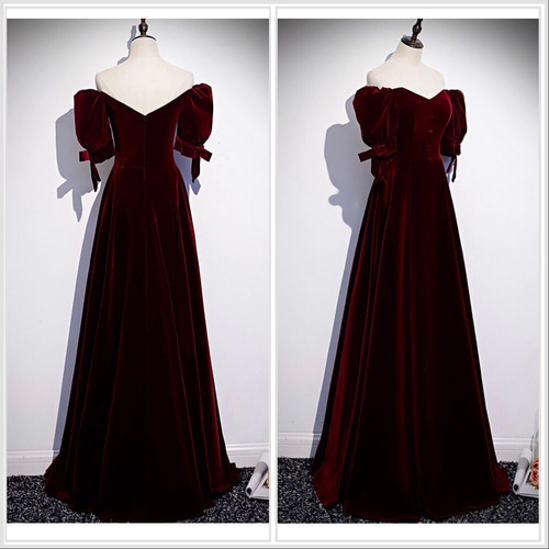 オフショルダー ベルベット パフスリーブ ウエディングドレス ドレス  