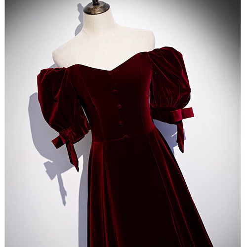 オフショルダー ベルベット パフスリーブ ウエディングドレス ドレス  