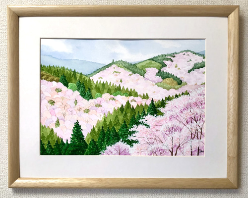 「吉野の桜」透明水彩画 原画 風景画 額縁付 F4サイズ 絵画 Oni 通販