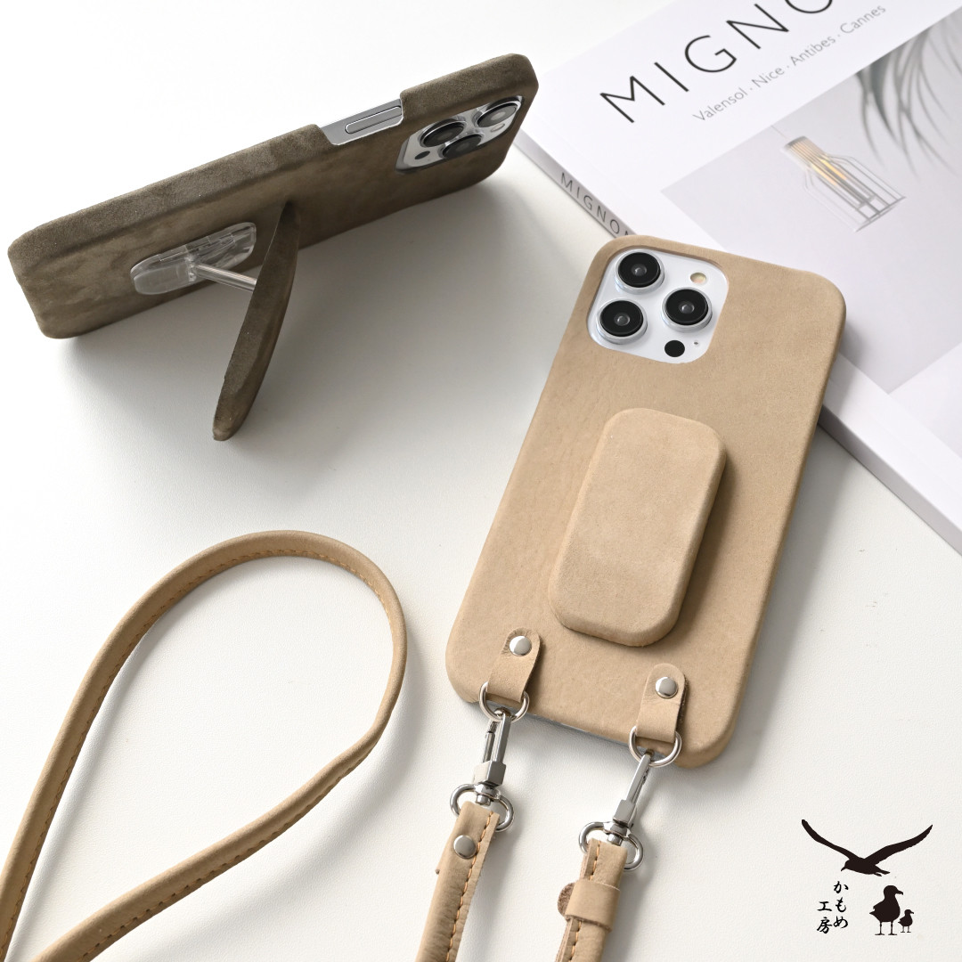 全機種対応 まるっとケース スマホスタンド付き 【 ヌバック 】 縦動画 横動画 スマホショルダー レザー BZ02K