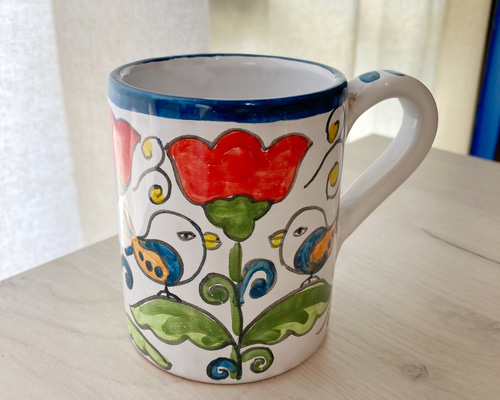 イタリア製 マヨリカ焼 花瓶＆小物入れ 手描き鳥柄 マグカップ 大 250ml BCR019 鳥 マヨリカ焼き イタリア陶器 マグカップ