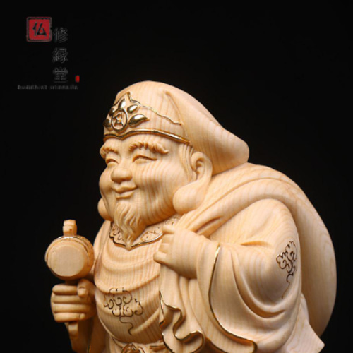 珍品 木彫仏像 七福神大黒天立像 財神 本金 切金 彫刻 天然木檜材CQ 