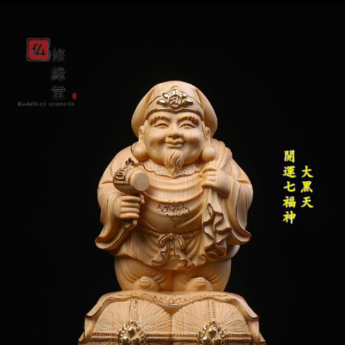 珍品 木彫仏像 七福神大黒天立像 財神 本金 切金 彫刻 天然木檜材CQ 