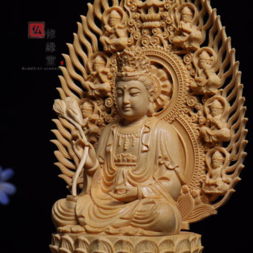 木彫り 仏像 勢至菩薩座像 彫刻 一刀彫 天然木檜材 仏教工芸 CT 彫刻