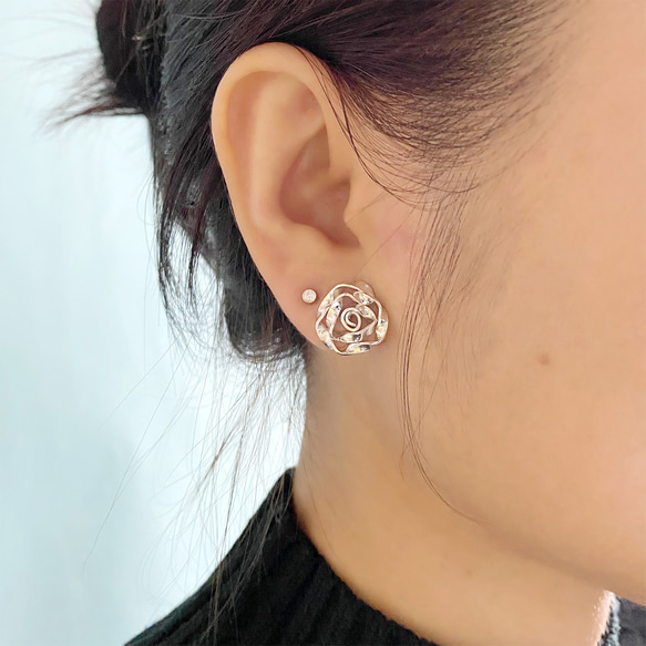 Sterling Silver Rose Stud Earring(1 PC), SV925 2枚目の画像