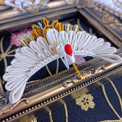 祝鶴✵中»つまみ細工髪飾り (金通し金黒) 成人式 結婚式 卒業式 祝賀会