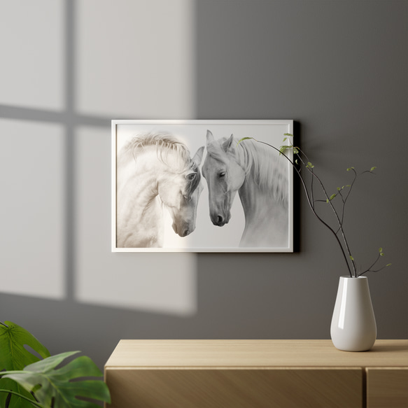 アートポスター 白馬 モノクロ 優雅 北欧風 自然美 動物アート インテリア モダン 白黒写真風 4709 3枚目の画像